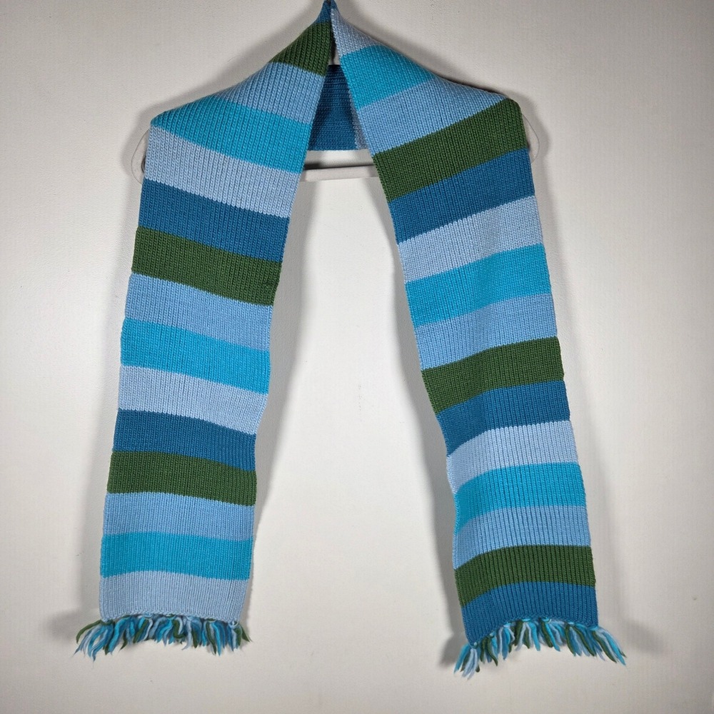 American Eagle Scarf Vintage Blue Green Striped Merino Wool Fringe Preppy Y2K